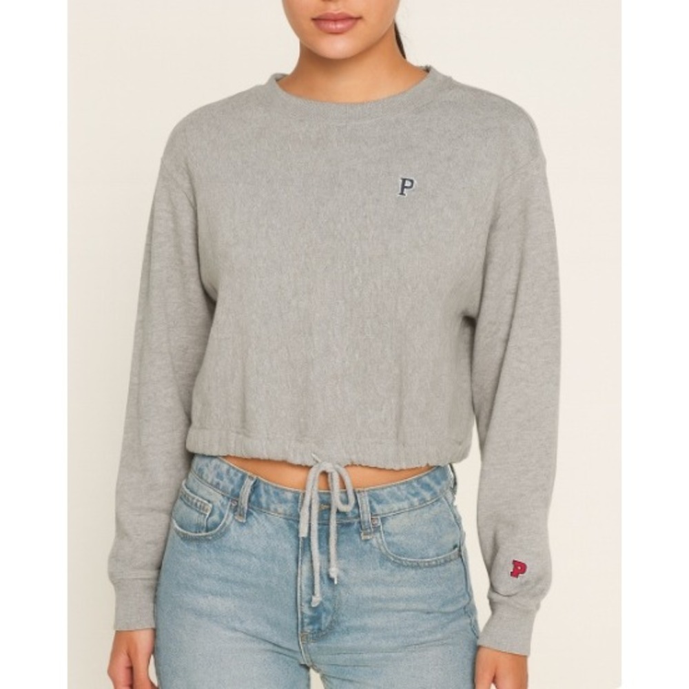 PINK Victoria's Secret‎ Gray Cropped Drawstring Sweatshirt Cute Letter Patch